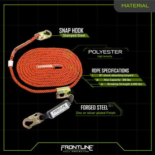 Frontline VLPR3L Premium Vertical Lifeline with Openable Rope Grab and Shock Pack 50' - Lined Out Frontline VLPR3L Premium Vertical Lifeline with Openable Rope Grab and Shock Pack 50'Work Safety Harnesses