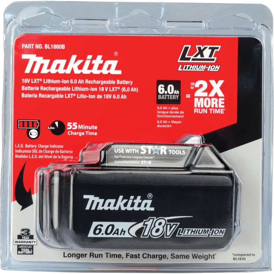 Makita BL1860B 18V LXT® Lithium‑Ion 6.0Ah Battery - Lined Out Makita BL1860B 18V LXT® Lithium‑Ion 6.0Ah BatteryPower Tool Batteries