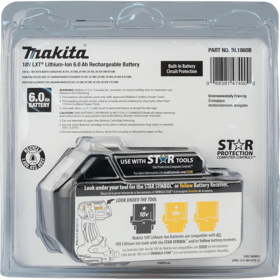 Makita BL1860B 18V LXT® Lithium‑Ion 6.0Ah Battery - Lined Out Makita BL1860B 18V LXT® Lithium‑Ion 6.0Ah BatteryPower Tool Batteries