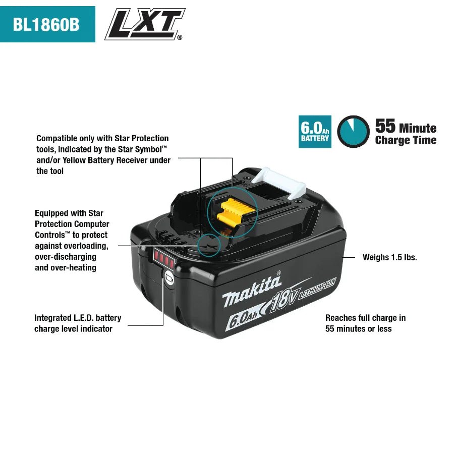 Makita BL1860B 18V LXT® Lithium‑Ion 6.0Ah Battery - Lined Out Makita BL1860B 18V LXT® Lithium‑Ion 6.0Ah BatteryPower Tool Batteries