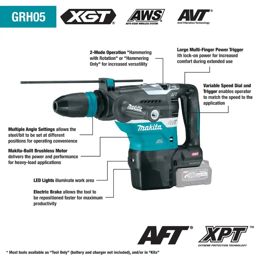 Makita GRH05M1 40V max XGT® Brushless 1‑9/16" SDS‑MAX AVT® Rotary Hammer Kit, AFT®, AWS® Capable (4.0Ah) - Lined Out Makita GRH05M1 40V max XGT® Brushless 1‑9/16" SDS‑MAX AVT® Rotary Hammer Kit, AFT®, AWS® Capable (4.0Ah)Handheld Power Drills