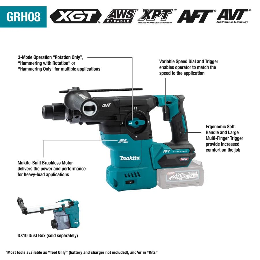Makita GRH08M1 40V max XGT® Brushless Cordless 1‑3/16" SDS‑PLUS AVT® Rotary Hammer Kit, AFT®, AWS® Capable (4.0Ah) - Lined Out Makita GRH08M1 40V max XGT® Brushless Cordless 1‑3/16" SDS‑PLUS AVT® Rotary Hammer Kit, AFT®, AWS® Capable (4.0Ah)Handheld Power Drills