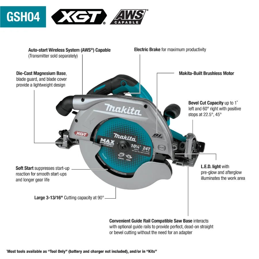 Makita GSH04Z 40V max XGT® Brushless Cordless 10‑1/4" Circular Saw with Guide Rail Compatible Base, AWS® Capable, Tool Only - Lined Out Makita GSH04Z 40V max XGT® Brushless Cordless 10‑1/4" Circular Saw with Guide Rail Compatible Base, AWS® Capable, Tool OnlyHandheld Circular Saws