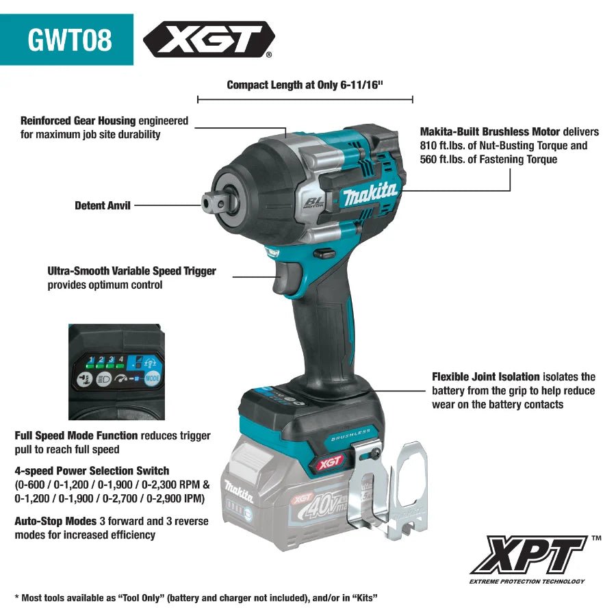 Makita GWT08Z 40V max XGT® Brushless Cordless 4‑Speed Mid‑Torque 1/2" Sq. Drive Impact Wrench w/ Detent Anvil, Tool Only - Lined Out Makita GWT08Z 40V max XGT® Brushless Cordless 4‑Speed Mid‑Torque 1/2" Sq. Drive Impact Wrench w/ Detent Anvil, Tool OnlyImpact Wrenches & Drivers