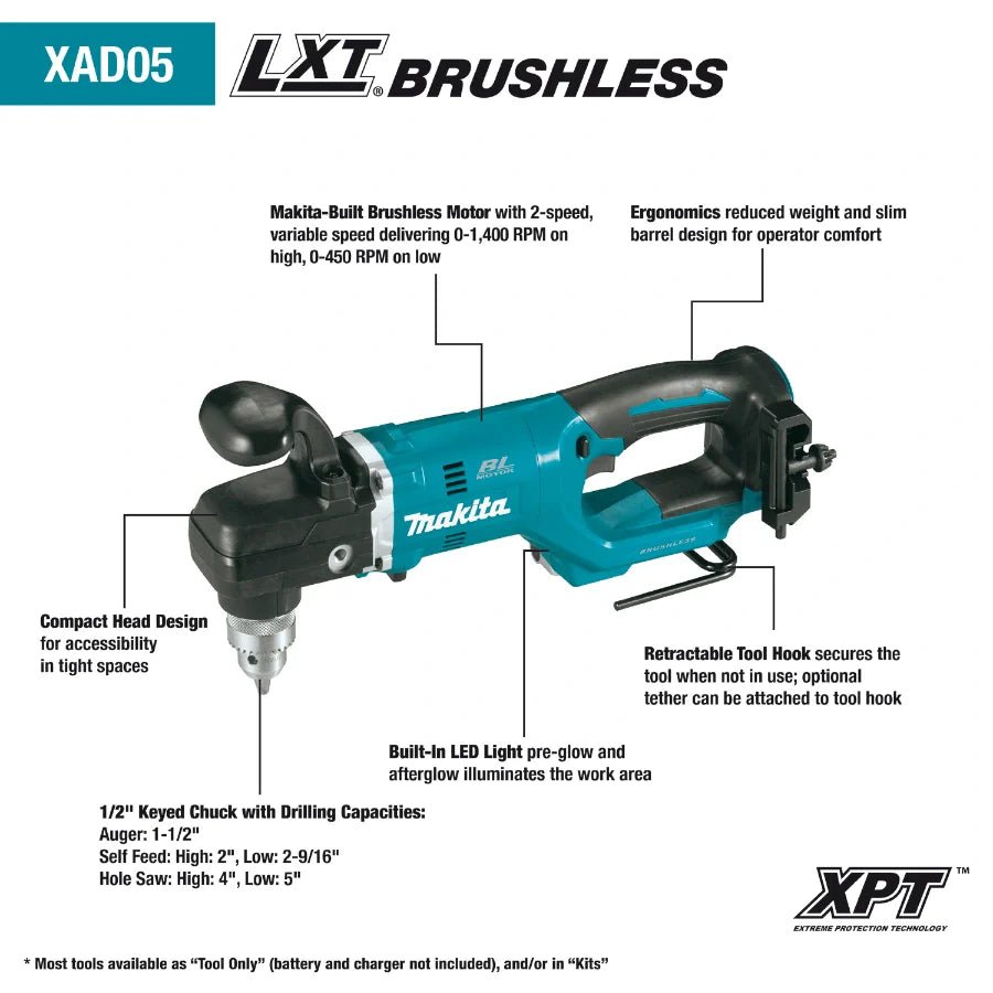 Makita XAD05Z 18V LXT Lithium - Ion Brushless Cordless 1/2" Right Angle Drill - Lined Out Makita XAD05Z 18V LXT Lithium - Ion Brushless Cordless 1/2" Right Angle DrillHandheld Power Drills