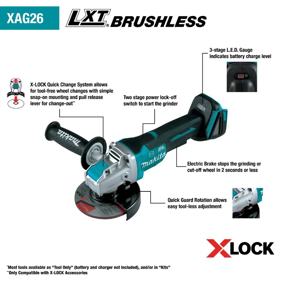 Makita XAG26Z 18V LXT Lithium - Ion Brushless Cordless 4 - 1/2 / 5" Paddle Switch X - LOCK Angle Grinder - Lined Out Makita XAG26Z 18V LXT Lithium - Ion Brushless Cordless 4 - 1/2 / 5" Paddle Switch X - LOCK Angle GrinderGrinders