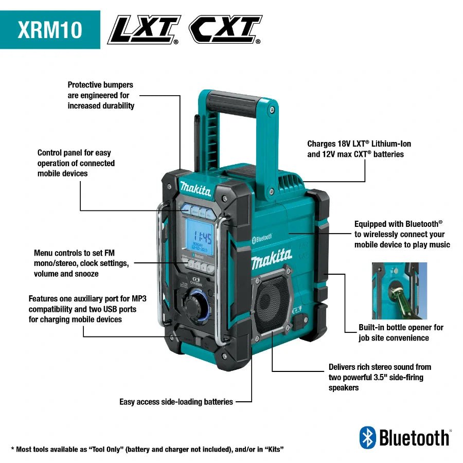 Makita XRM10 18V LXT/12V max CXT Lithium - Ion Cordless Bluetooth Job Site Charger/Radio - Lined Out Makita XRM10 18V LXT/12V max CXT Lithium - Ion Cordless Bluetooth Job Site Charger/RadioRadios