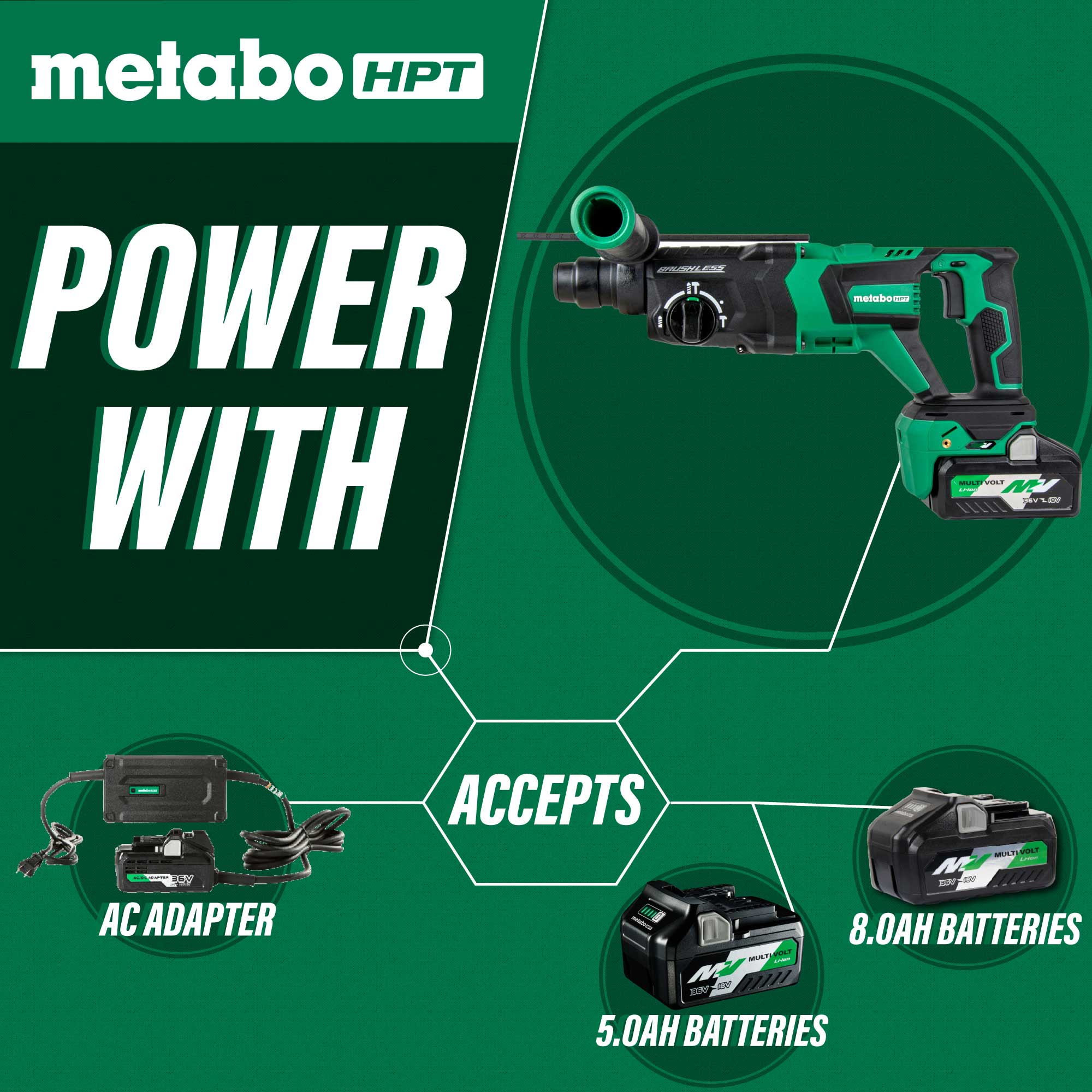 Metabo HPT DH3628DDM 36V MultiVolt Brushless SDS Plus 1 - 1/8" D - Handle Rotary Hammer - Lined Out Metabo HPT DH3628DDM 36V MultiVolt Brushless SDS Plus 1 - 1/8" D - Handle Rotary HammerHandheld Power Drills
