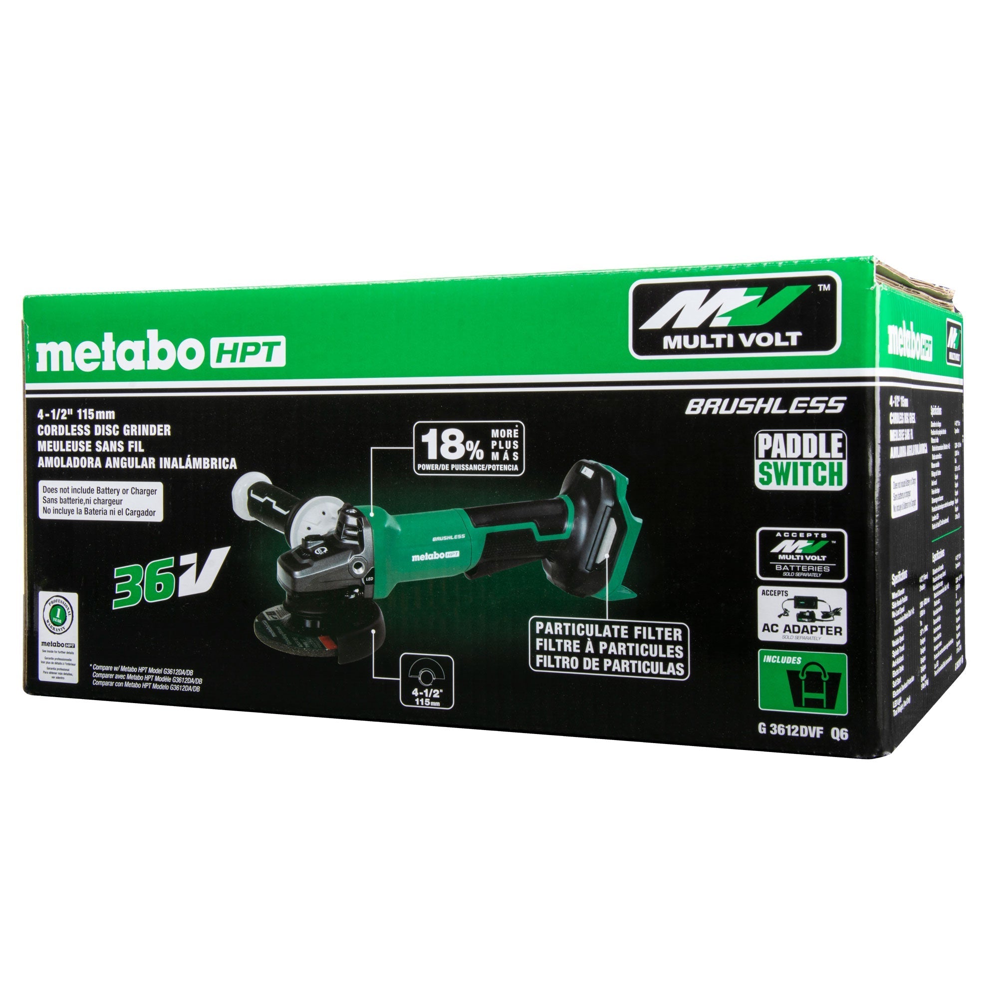 Metabo HPT G3612DVFQ6M 36V MultiVolt 4 - 1/2" Variable Speed Paddle Switch Angle Grinder - Lined Out Metabo HPT G3612DVFQ6M 36V MultiVolt 4 - 1/2" Variable Speed Paddle Switch Angle GrinderGrinders