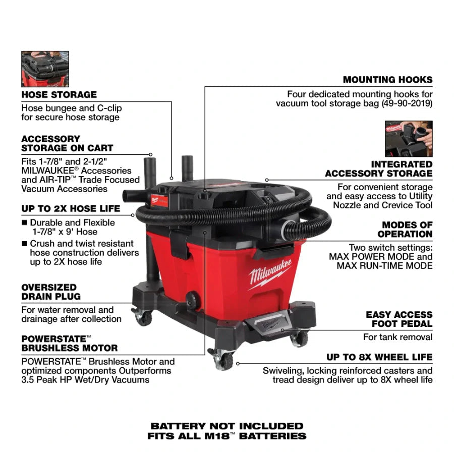 Milwaukee 0910 - 20 M18 Fuel 6 Gallon Wet/Dry Vacuum - Lined Out Milwaukee 0910 - 20 M18 Fuel 6 Gallon Wet/Dry VacuumVacuums