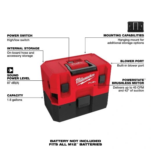 Milwaukee 0960 - 20 M12 FUEL™ 1.6 Gallon Wet/Dry Vacuum - Lined Out Milwaukee 0960 - 20 M12 FUEL™ 1.6 Gallon Wet/Dry VacuumVacuums