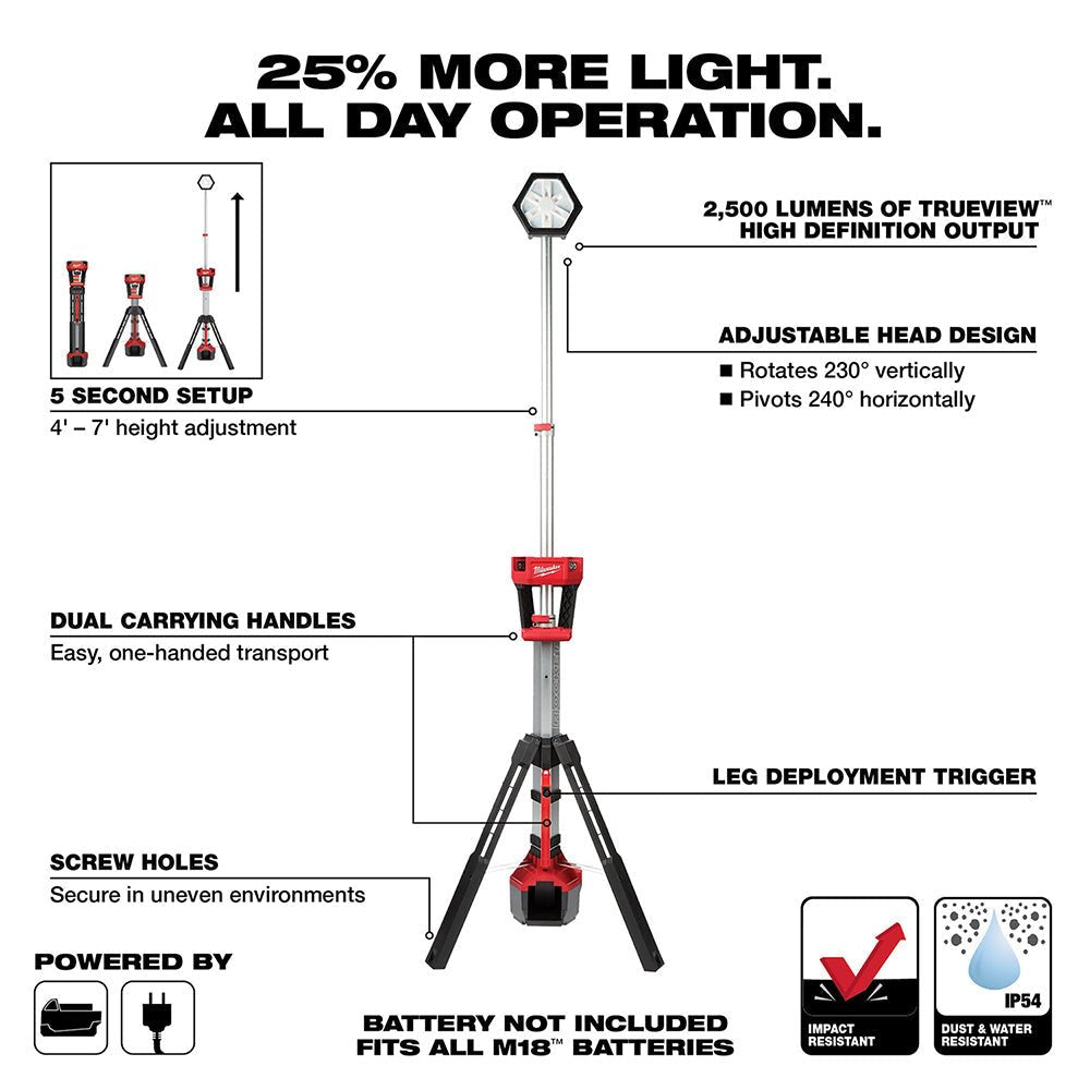 Milwaukee 2131 - 20 M18™ ROCKET™ Dual Power Tower Light - Lined Out Milwaukee 2131 - 20 M18™ ROCKET™ Dual Power Tower LightWork Lights