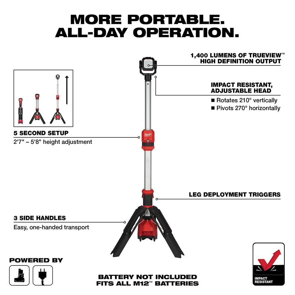 Milwaukee 2132 - 20 M12™ ROCKET™ Dual Power Tower Light - Lined Out Milwaukee 2132 - 20 M12™ ROCKET™ Dual Power Tower LightWork Lights
