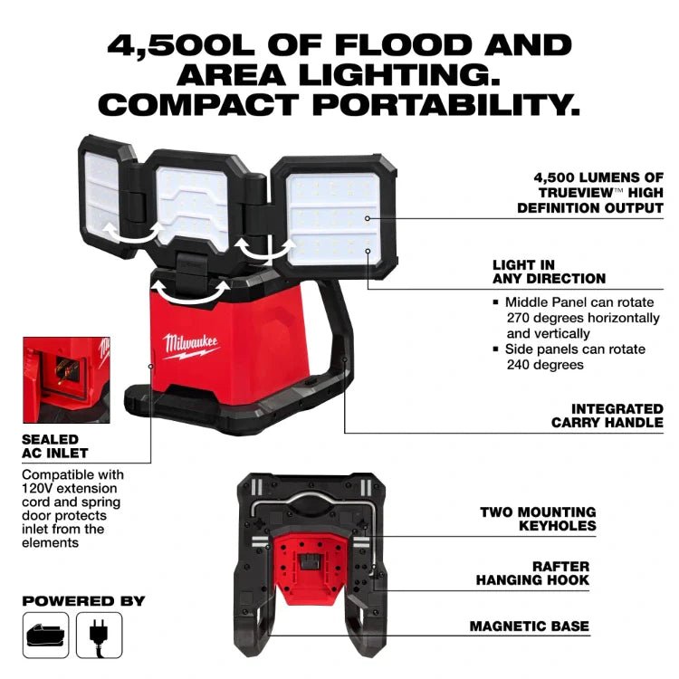 Milwaukee 2368 - 20 M18 Rover Dual Power Triple Panel Flood & Area Light - Lined Out Milwaukee 2368 - 20 M18 Rover Dual Power Triple Panel Flood & Area LightWork Lights