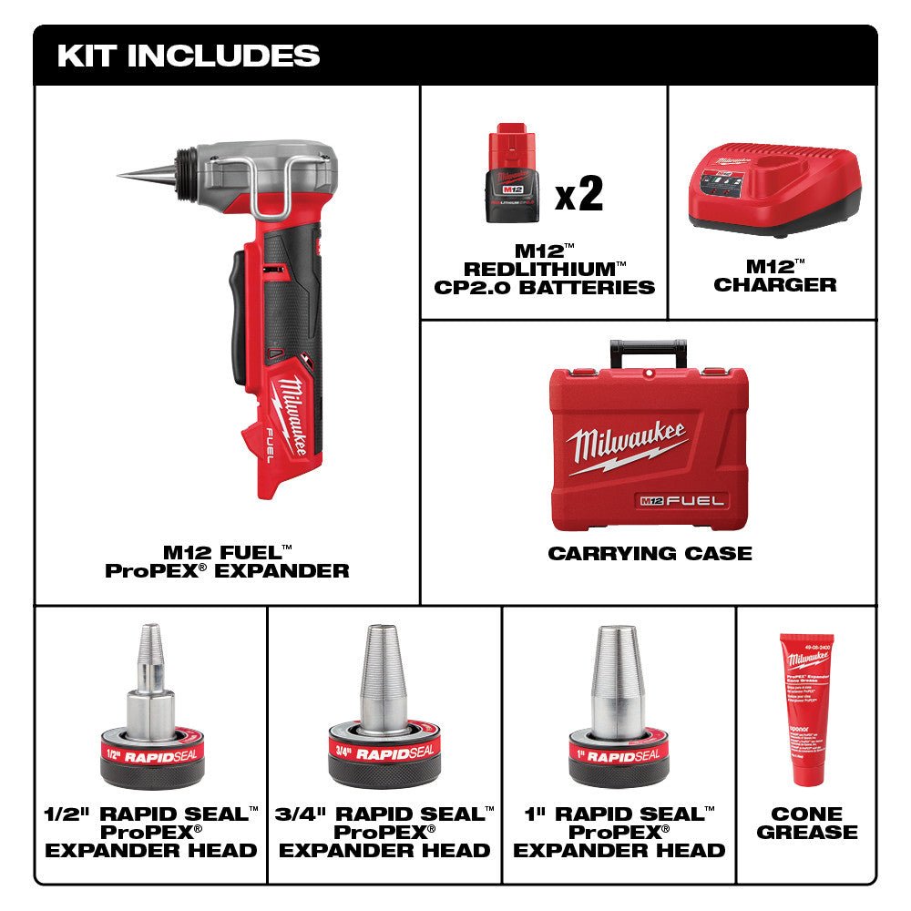 Milwaukee 2532 - 22 M12 FUEL™ ProPEX® Expander Kit w/ 1/2" - 1" RAPID SEAL™ ProPEX® Expander Heads - Lined Out Milwaukee 2532 - 22 M12 FUEL™ ProPEX® Expander Kit w/ 1/2" - 1" RAPID SEAL™ ProPEX® Expander HeadsPlumbing Repair Kits