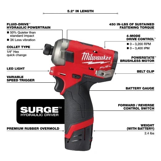 Milwaukee 2551 - 22 M12 FUEL™ SURGE™ 1/4" Hex Hydraulic Driver Kit - Lined Out Milwaukee 2551 - 22 M12 FUEL™ SURGE™ 1/4" Hex Hydraulic Driver KitImpact Wrenches & Drivers