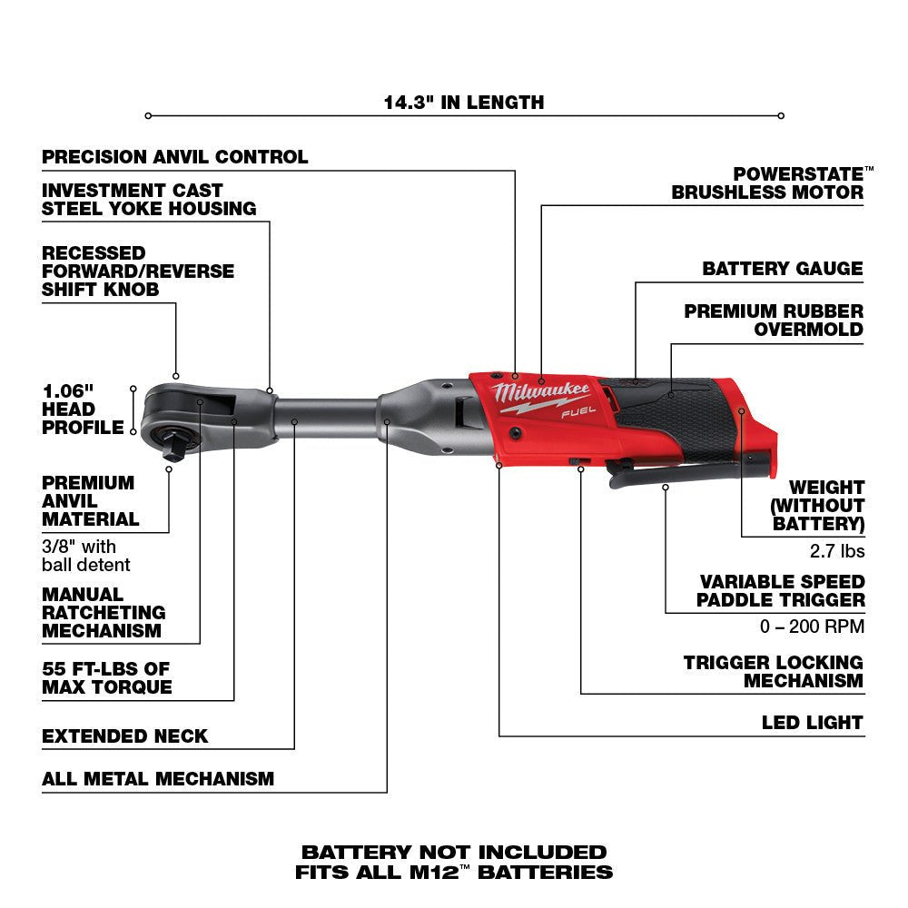 Milwaukee 2560 - 20 M12 FUEL™ 3/8 in. Extended Reach Ratchet - Lined Out Milwaukee 2560 - 20 M12 FUEL™ 3/8 in. Extended Reach RatchetImpact Wrenches & Drivers