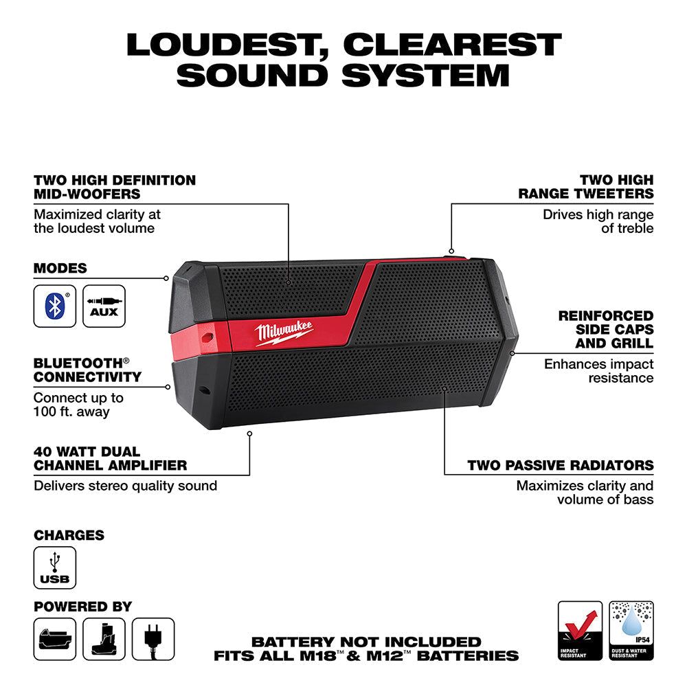 Milwaukee 2891 - 20 M18™/M12™ Wireless Jobsite Speaker - Lined Out Milwaukee 2891 - 20 M18™/M12™ Wireless Jobsite SpeakerRadios
