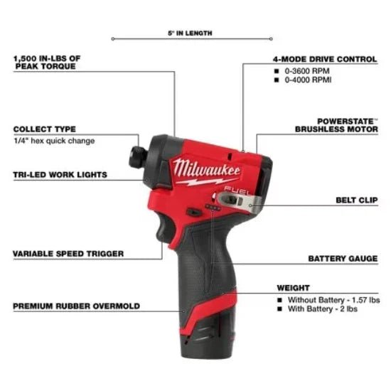 Milwaukee 3453 - 22 M12 FUEL™ 1/4" Hex Impact Driver Kit with (2) 2.0Ah Lithium Ion Batteries, Charger & Tool Bag - Lined Out Milwaukee 3453 - 22 M12 FUEL™ 1/4" Hex Impact Driver Kit with (2) 2.0Ah Lithium Ion Batteries, Charger & Tool BagImpact Wrenches & Drivers