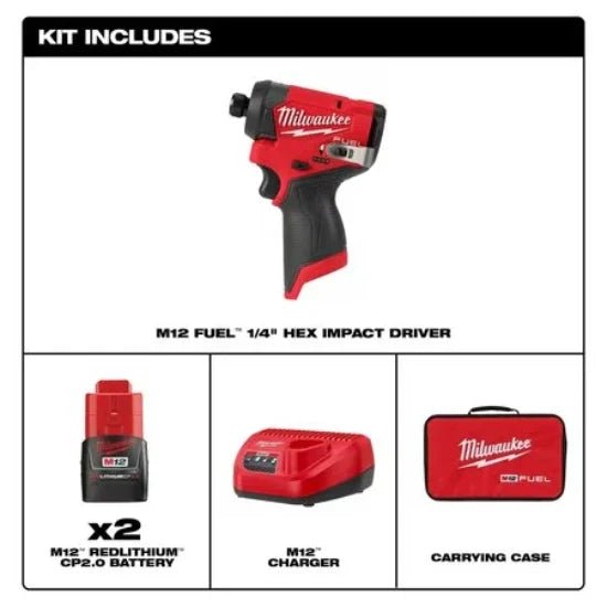 Milwaukee 3453 - 22 M12 FUEL™ 1/4" Hex Impact Driver Kit with (2) 2.0Ah Lithium Ion Batteries, Charger & Tool Bag - Lined Out Milwaukee 3453 - 22 M12 FUEL™ 1/4" Hex Impact Driver Kit with (2) 2.0Ah Lithium Ion Batteries, Charger & Tool BagImpact Wrenches & Drivers