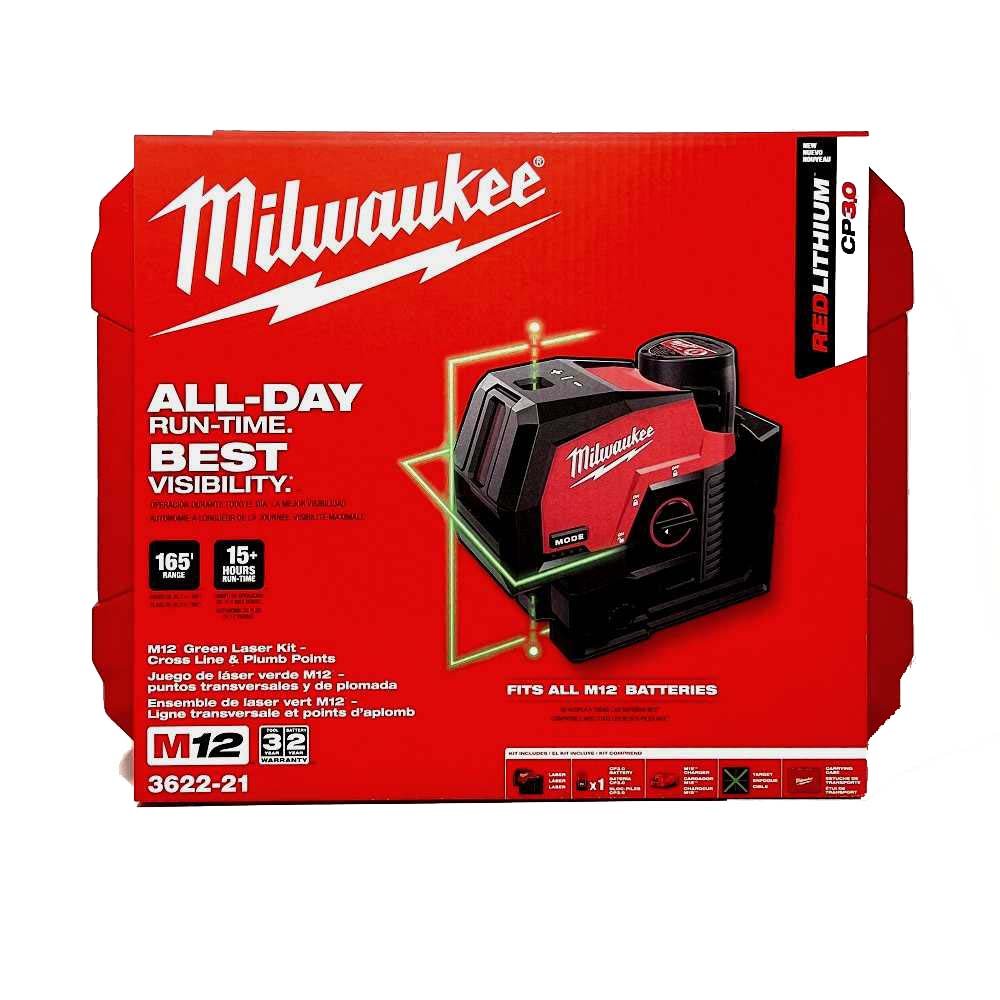 Milwaukee 3622 - 21 M12 Green Cross Line & Plumb Points Laser Kit - Lined Out Milwaukee 3622 - 21 M12 Green Cross Line & Plumb Points Laser KitLaser Levels