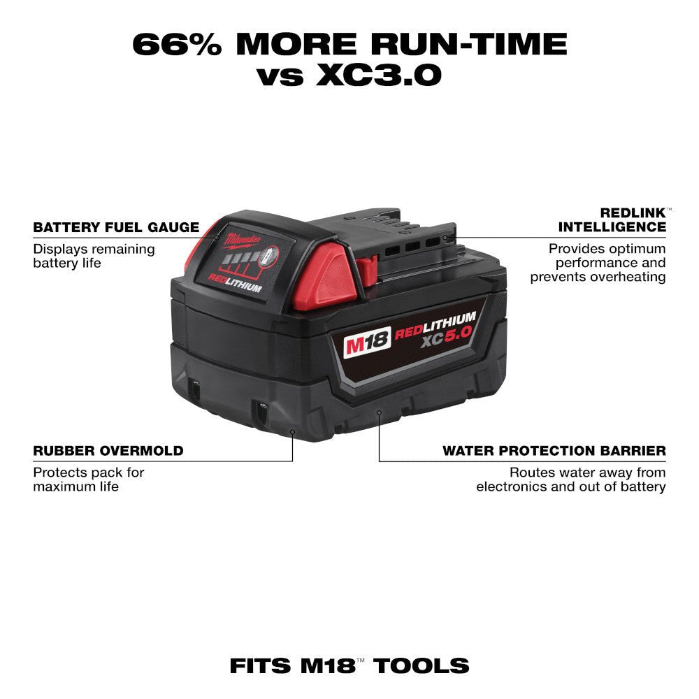 Milwaukee 48 - 11 - 1852 M18™ REDLITHIUM™ XC 5.0Ah Extended Capacity Battery Pack (2 Piece) - Lined Out Milwaukee 48 - 11 - 1852 M18™ REDLITHIUM™ XC 5.0Ah Extended Capacity Battery Pack (2 Piece)Power Tool Batteries