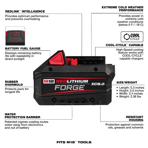 Milwaukee 48 - 11 - 1881 M18™ REDLITHIUM™ FORGE™ XC8.0 Battery Pack - Lined Out Milwaukee 48 - 11 - 1881 M18™ REDLITHIUM™ FORGE™ XC8.0 Battery PackPower Tool Batteries
