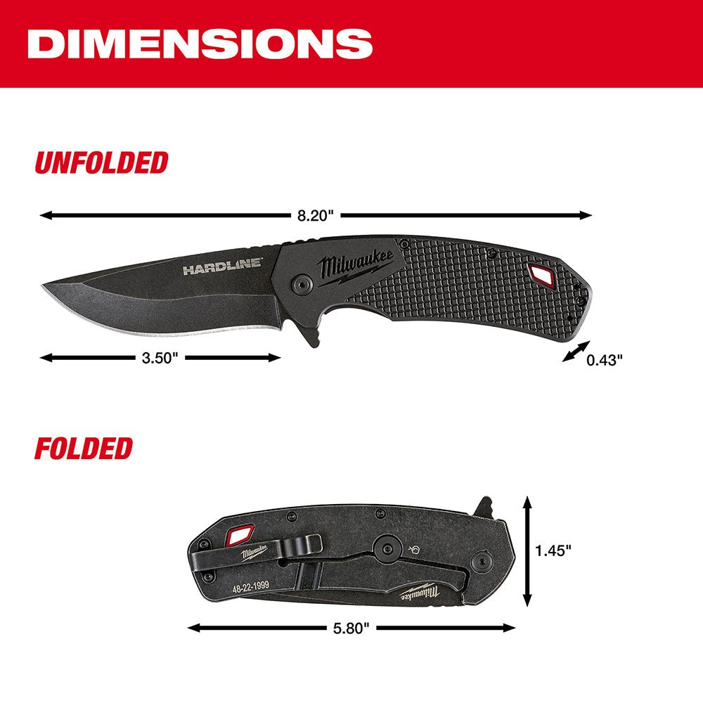 Milwaukee 48 - 22 - 1999 3.5 in. HARDLINE™ Smooth Recurve Drop Point Blade Pocket Knife - Lined Out Milwaukee 48 - 22 - 1999 3.5 in. HARDLINE™ Smooth Recurve Drop Point Blade Pocket KnifeUtility Knives