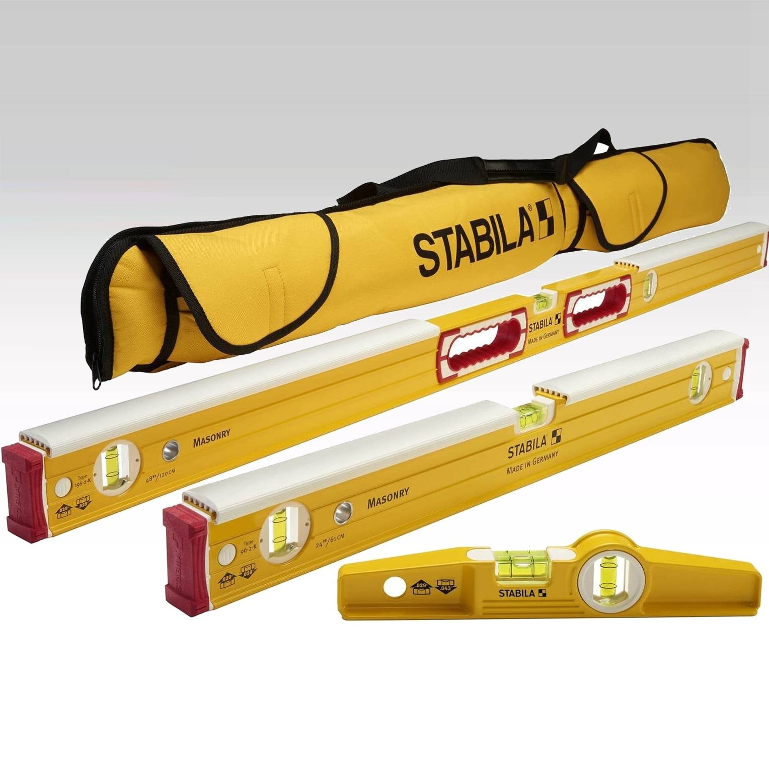 Stabila 48296 Mason 3 Spirit Level Set - 24 inch 48 inch 10 inch Torpedo and Case - Lined Out Stabila 48296 Mason 3 Spirit Level Set - 24 inch 48 inch 10 inch Torpedo and CaseSpirit Levels